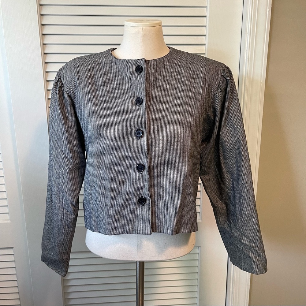Talbots Vintage Union Made Cropped Black and White Checked Puff Sleeve Blazer